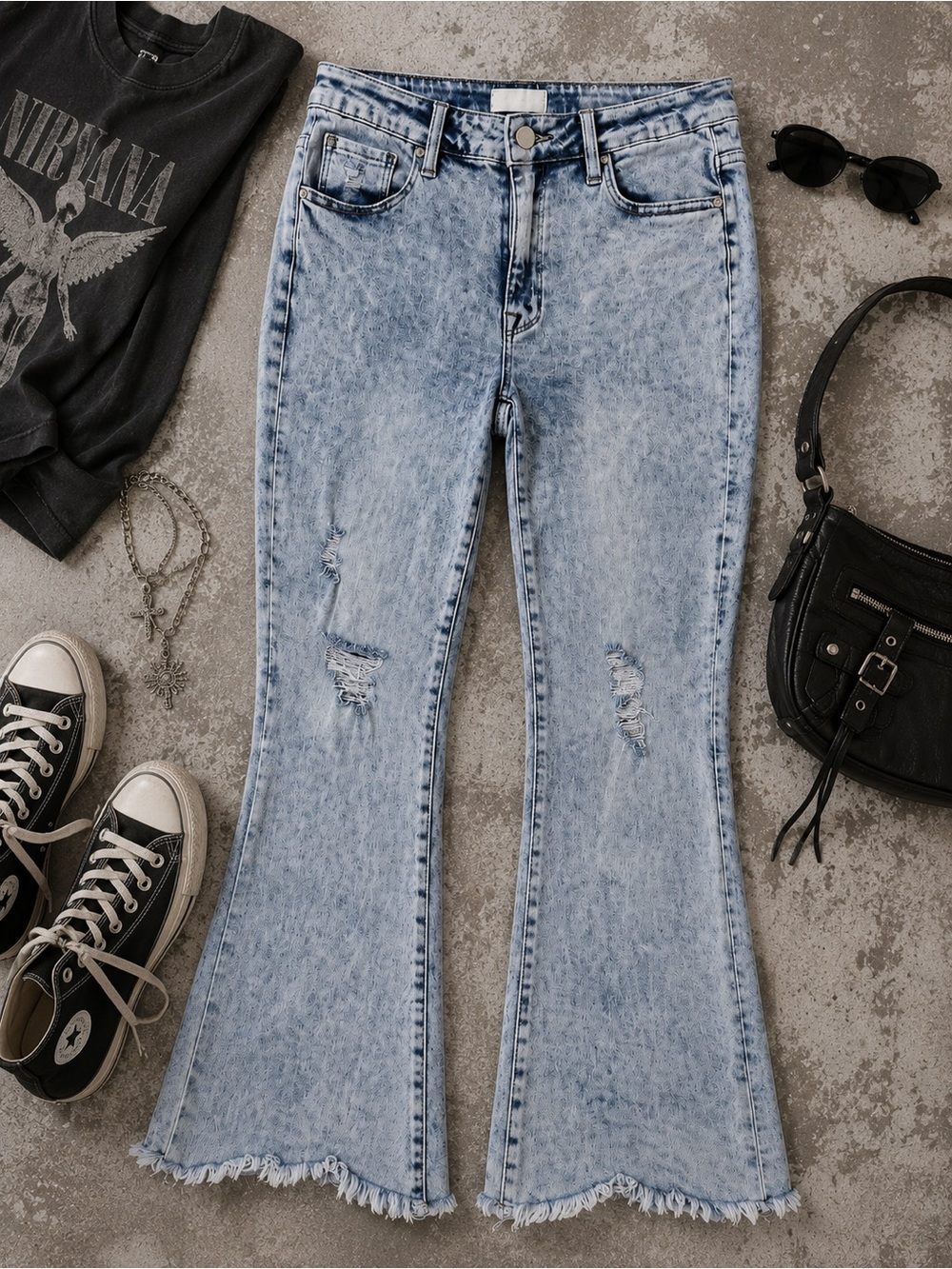 Petra 153 Acid Wash Distressed Flare Jeans Y2K Grunge Raw Hem Denim Size 11/29